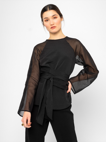 SHEER RAGLAN WRAP BLOUSE